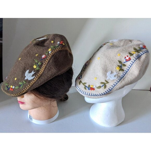 Lot Of Two Flat Newsboy Cap Beret Hat Scally Ivy Gatsby Embroidery Lined Size M - Picture 2 of 8